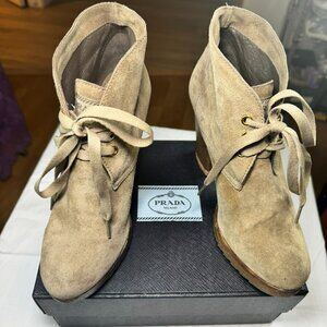 Prada Suede Lace-Up Platform Ankle Boots - Tan/Beige Size EU 37-US 7
